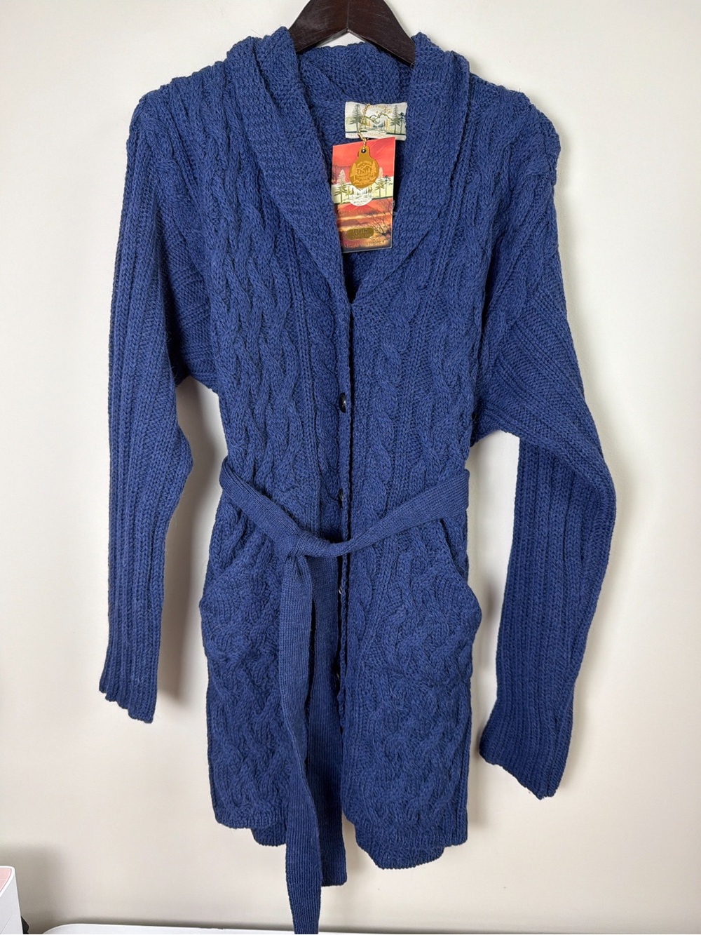 Aran Crafts Irish Wool Blend Belted Cable Knit Chunky Cardigan Fisherman Special
